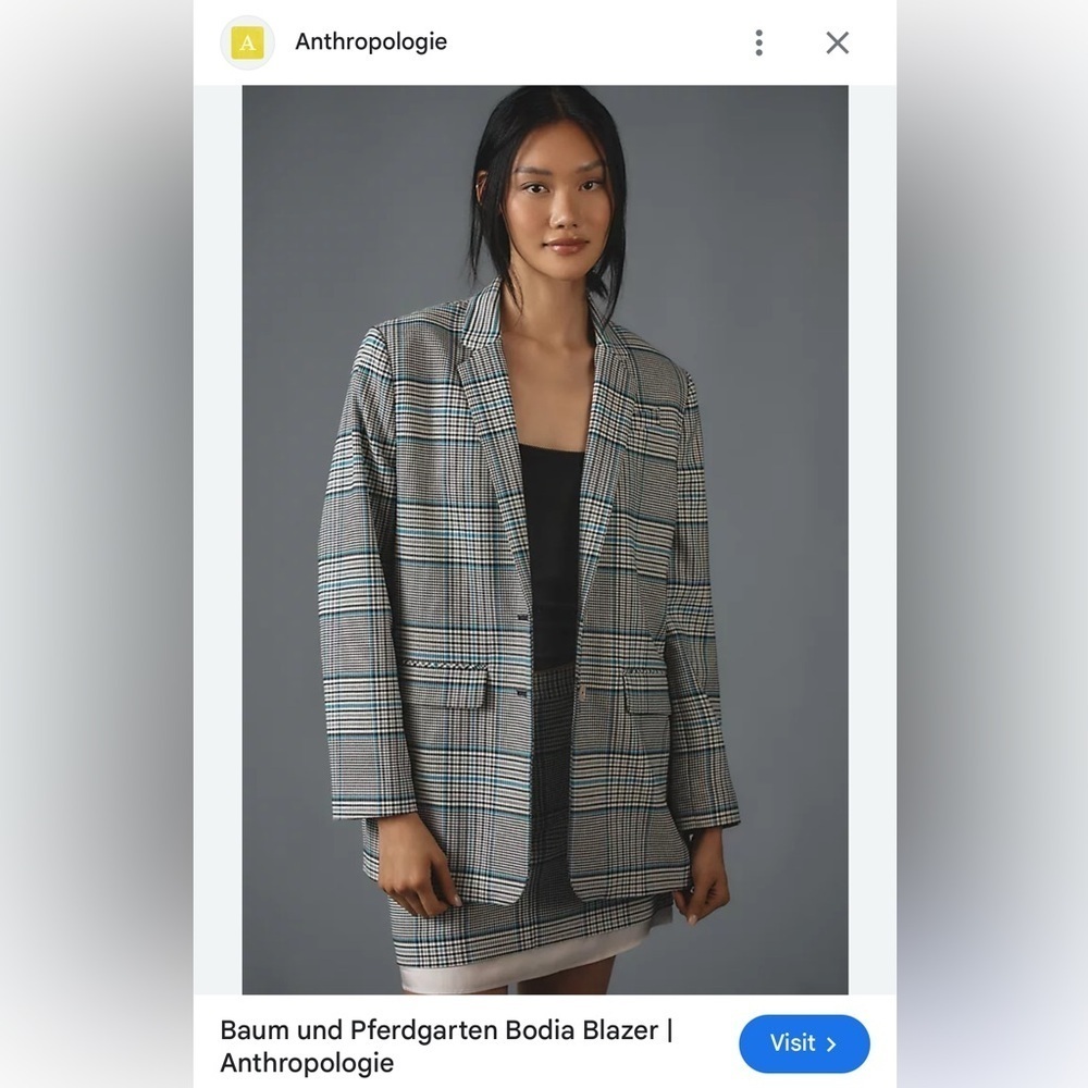 Anthropologie Baum Und Pferdgarten Bodia Plaid Blazer Skirt Set Gray 42 40